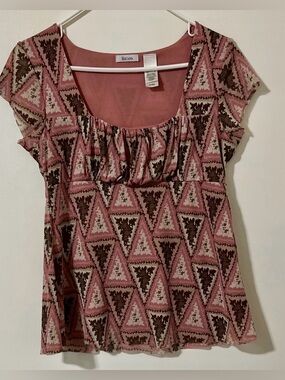 Liz & Co Pink & Brown Geometric Scoop Neck Short Sleeve Top